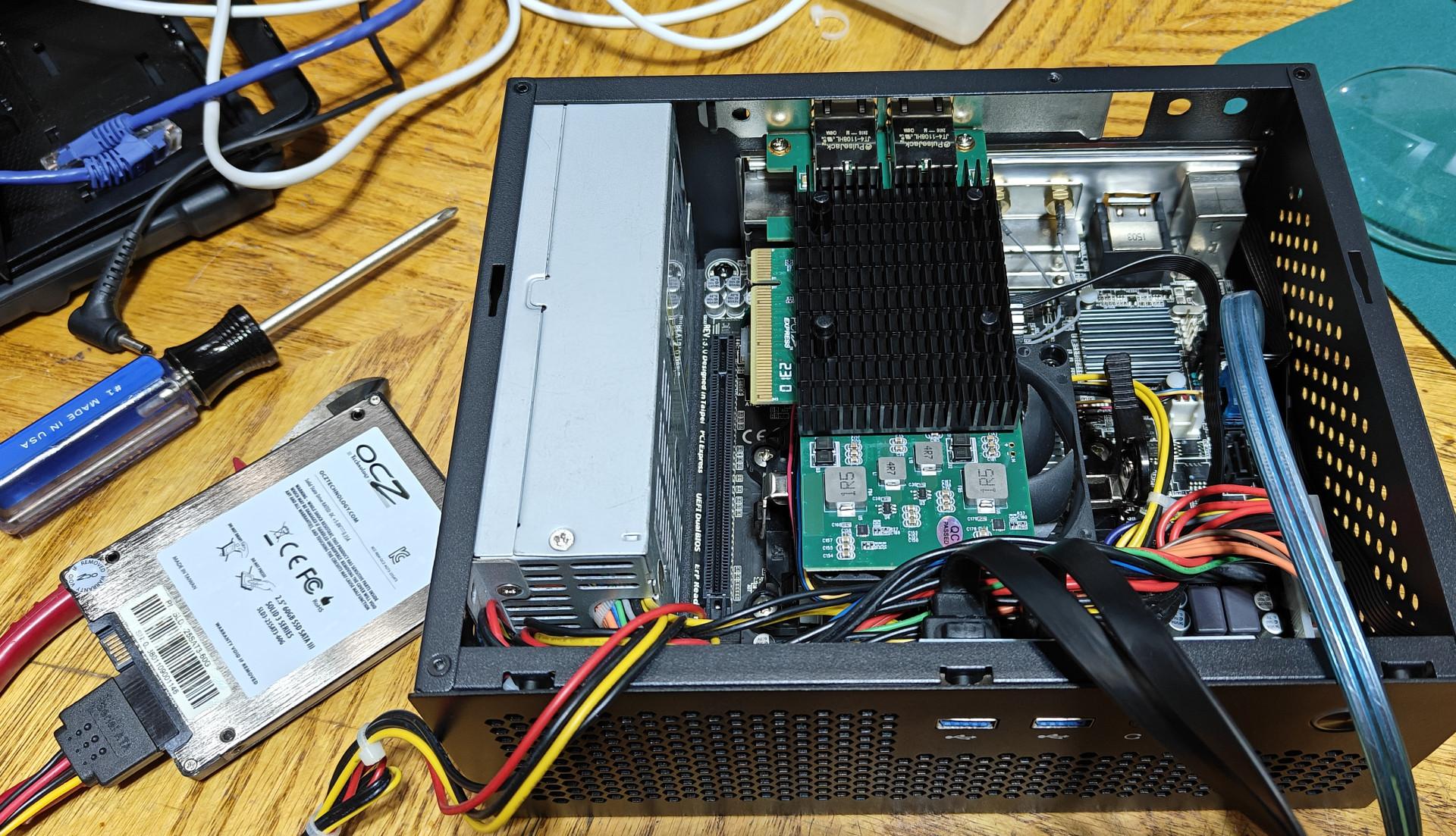 Installing the 10 gigabit Ethernet card - ended up using a PCIe flex cable